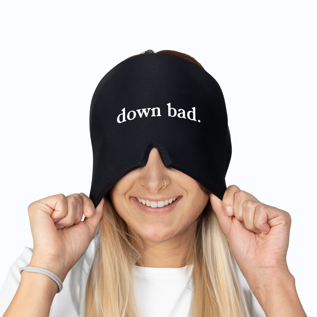 girl wearing "down bad" hangover hugg